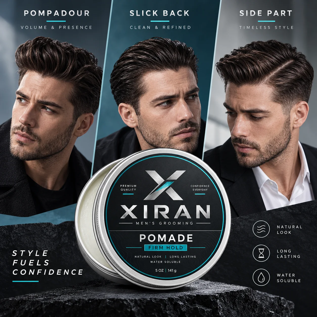 XIRAN men's grooming pomade with three hairstyle examples: pompadour, slick back, and side part. Includes product benefits.